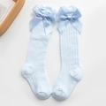 Breathable light blue mesh knee-high baby socks featuring elegant satin bows for summer - Blue