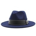 Classic dark blue wide brim wool fedora hat with black leather band and silver buckle - Navy Blue