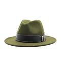 Detail of dark olive wool fedora with black leather band and silver buckle accent - Army Green