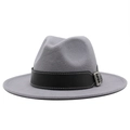 Detail of dark grey wool fedora hat featuring flat brim and black leather belt with buckle - Light Gray