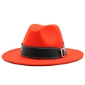 Classic wide brim red fedora hat with black leather band and silver metal buckle detail - Orange Red
