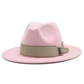 Classic pink wool felt fedora hat with khaki leather band and silver metal buckle - Pink