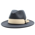 Detail of dark grey wool fedora hat with a beige contrast band and adjustable metal buckle - Dark Gray