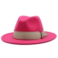 Fashionable rose red wool jazz fedora hat with beige leather belt and metal buckle - Rose Red