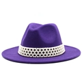 Elegante cappello fedora in lana viola a tesa larga con tripla fascia di perle decorative - M (56-58cm) / Viola