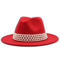 Cappello fedora in feltro rosso da donna con nastro decorativo di perle bianche di lusso - M (56-58cm) / Rosso