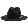 Classic black wool felt fedora hat with wide brim and leather belt gold buckle detail - M (56-58cm) / Black