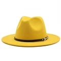 Detailed close-up of a yellow fedora hat with a black leather belt and metal buckle - M (56-58cm) / Yellow