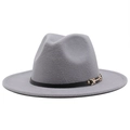 Detail of grey wool fedora hat with a black leather band and golden buckle closure - M (56-58cm) / Light Gray