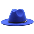 Close-up of a navy blue wool fedora hat featuring a black leather belt and gold buckle - M (56-58cm) / Sapphire Blue