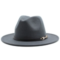 Detail of gray wool felt fedora featuring a black leather band and gold metal buckle - M (56-58cm) / Dark Gray