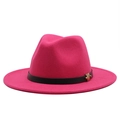 Detail of fuchsia wool fedora hat featuring a black leather band and gold M buckle - M (56-58cm) / Rose Red