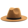 Detailed macro view of camel wool fedora hat with black leather band and gold buckle - M (56-58cm) / Light Coffee