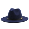 Detail of dark blue wool fedora hat featuring black leather band and gold M buckle - M (56-58cm) / Navy Blue