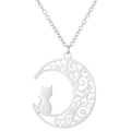 Vue rapprochée du pendentif lune évidée et silhouette de chat en acier inoxydable - Argenté