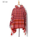 Red hooded plaid poncho with navy blue and orange check pattern and fringe tassels - DP2-04# Red Plaid