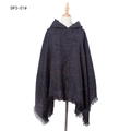 Dark grey hooded knit poncho with black and white textured fabric and fringe hem detail - DP3-01# Black Heather