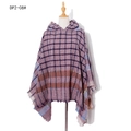 Women's plaid hooded poncho cape in burgundy check pattern with soft fringe trim - DP2-08# Purple Plaid