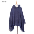 Dark blue hooded poncho wrap in textured boucle fabric with fringe details for winter - DP3-02# Navy Blue Heather