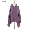 Purple knitted plaid hooded poncho for women with decorative fringe trim details - DP3-08# Purple Heather