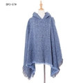 Women's blue-grey hooded poncho featuring a plaid knit pattern and fringe details - DP3-07# Denim Blue Heather