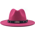 Chapeau fedora en laine rose avec bande noire tressée et clou en forme de scorpion - Rose rouge