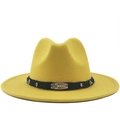 Bright yellow wide brim fedora hat with black band and metallic scorpion buckle detail - M (56-58cm) / Yellow