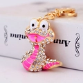 Golden snake keychain with pink enamel and sparkling rhinestones for car keys - Pink Snake