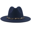 Dark blue wide brim fedora hat with leopard print band and star metal accessory - Navy Blue