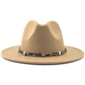 Close-up of leopard print leather band with gold star stud on camel wool fedora hat - Camel