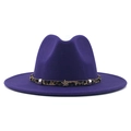 Detail of purple fedora hat featuring leopard print band and golden star ornament - Purple