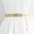Elegant gold metal woven waist chain belt for women with hanging bead details on a dress - Style 2 Waist Chain - Gold