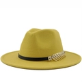 Yellow wool fedora hat with black leather band and golden leaf metal buckle decoration - M (56-58cm) / Yellow