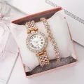 Luxury gold-tone women's watch and bracelet gift set featuring crystals and Roman numerals - Rhinestone Watch + Rib Chain + Box / Rose Gold