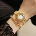 Set lussuoso orologio al quarzo da donna dorato e bracciale con strass e quadrante romano - Orologio E Braccialetto / Oro