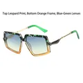 Oversized geometric sunglasses with leopard print, orange frame and blue gradient lenses - Top Leopard Bottom Orange Frame Blue Green Gradient Lens