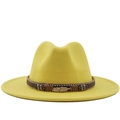 Vibrant yellow wool fedora hat with wide brim and decorative gold feather band - M(56-58cm) / Yellow