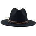 Black wool fedora hat with brown braided band and golden feather charm detail - Black