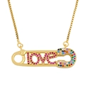 Golden safety pin necklace with multicolor cubic zirconia LOVE pendant and box chain - LOVE Safety Pin