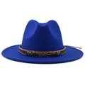 Detail of navy wool fedora with brown braided band and antique bronze feather pendant - M(56-58cm) / Blue