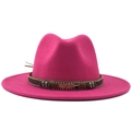 Detail of rose pink wool fedora hat featuring woven band and gold metal feather charm - Rose Red