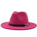 Detail of rose red wool fedora hat featuring a black leather band and gold metal buckle - Rose Red