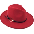 Red wool felt fedora hat featuring a black leather band and gold metal ring buckle - M (56-58cm) / Red