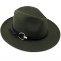 Classic olive green fedora hat with black leather band and gold metal ring accent - M (56-58cm) / Green