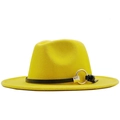 Vibrant yellow felt fedora hat featuring a black band and stylish gold metal buckle - M (56-58cm) / Yellow