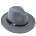 Classic grey wool fedora hat featuring a black leather band and gold metal buckle - Gray