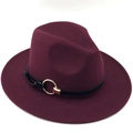 Elegant wine red fedora wool hat with a black leather band and gold metal buckle - Burgundy