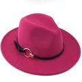 Magenta wool fedora jazz hat with black leather belt and golden metal ring buckle - Rose Red