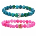 8mm verwitterte Stein Kronen Perlenarmbänder Set für Paare mit blauen und rosa Texturen - Phönixstein Weißgoldene Krone Set