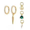 Gold stacking earring set featuring diamond flower charms and green gemstone pendant - Gold Peace Lightning Green Gem Pendant Set (#23)